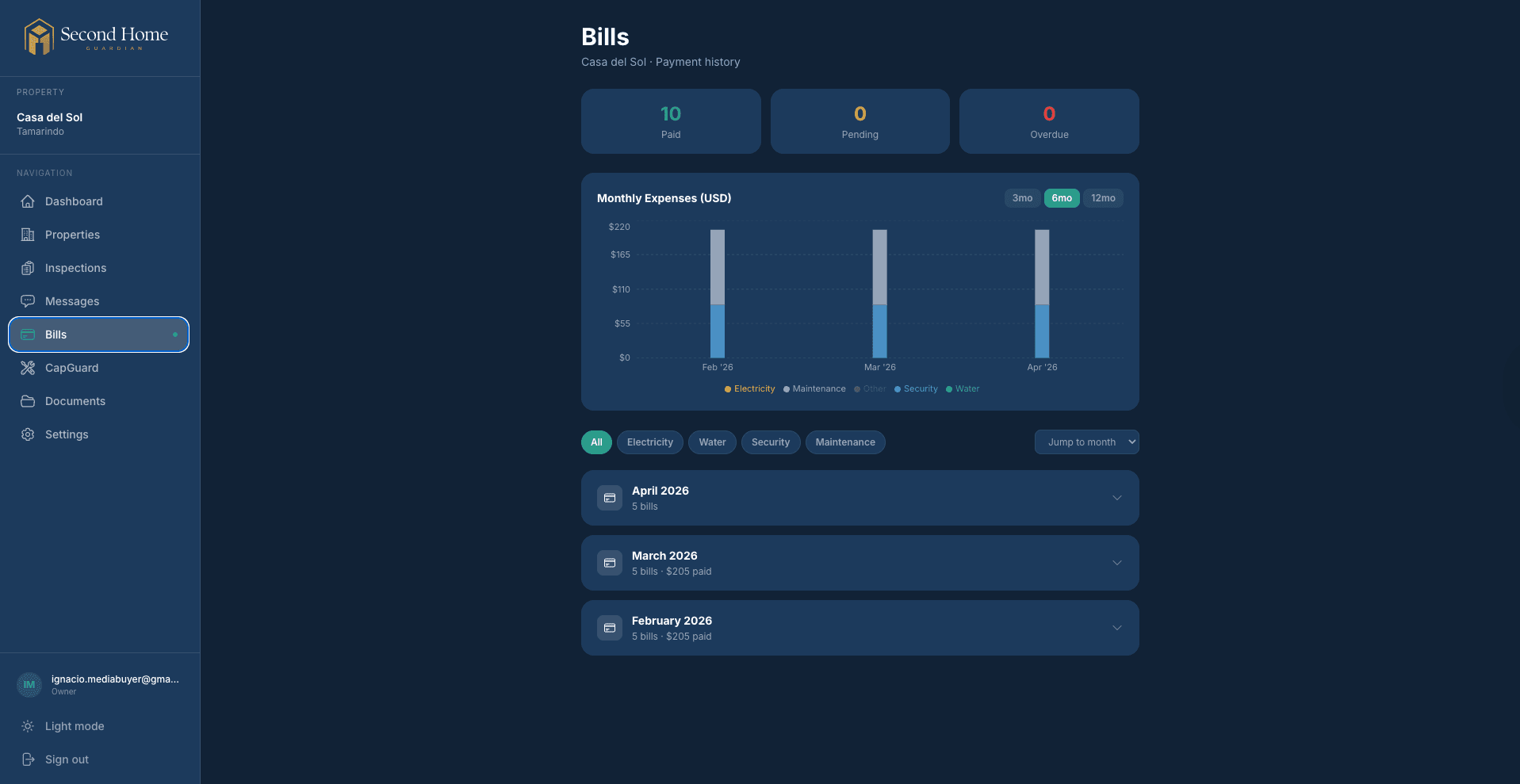 Bills view showing monthly expense chart and itemized payment history.
