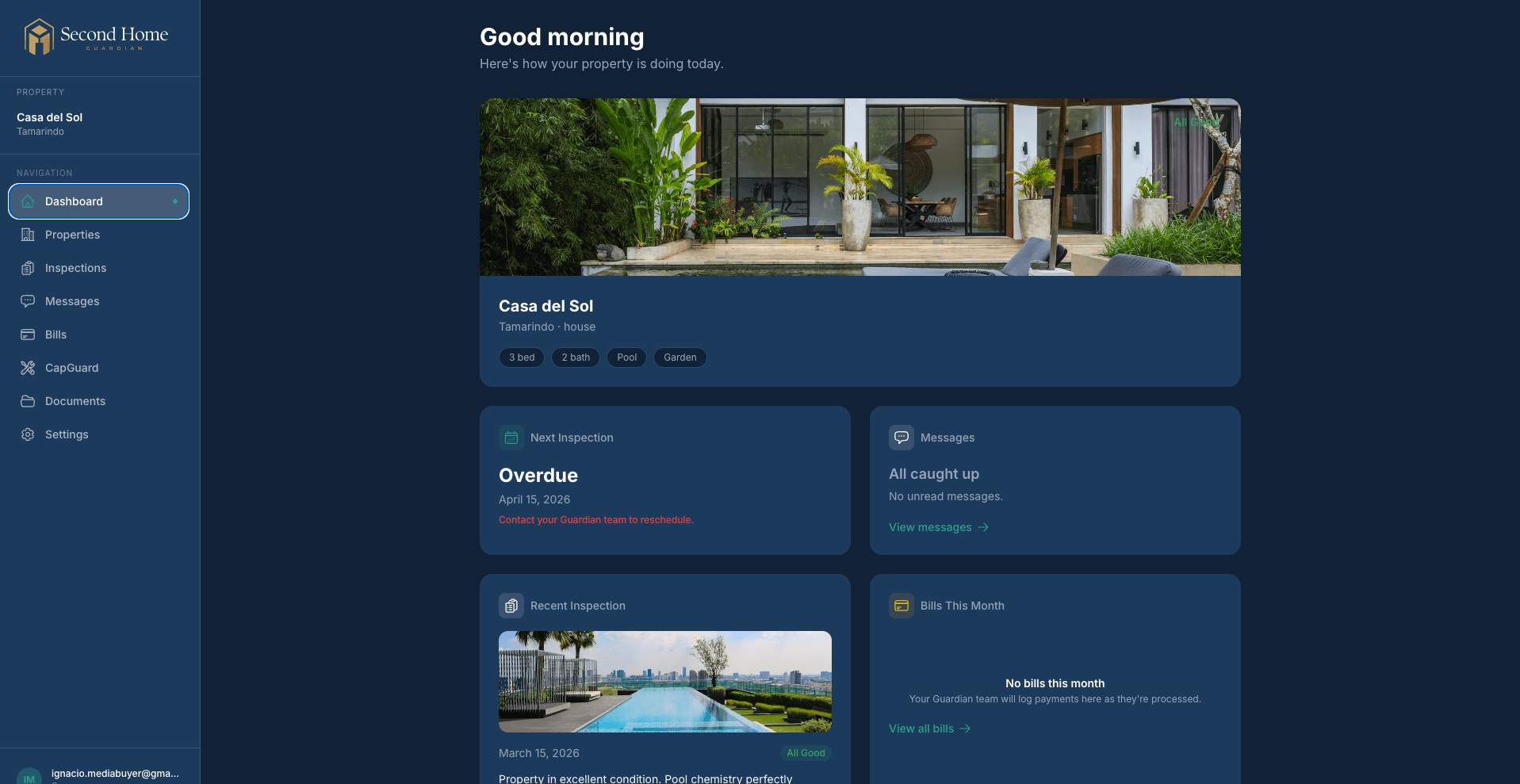 Owner dashboard showing the Casa del Sol property card with next inspection, messages, recent inspection, and bills overview.