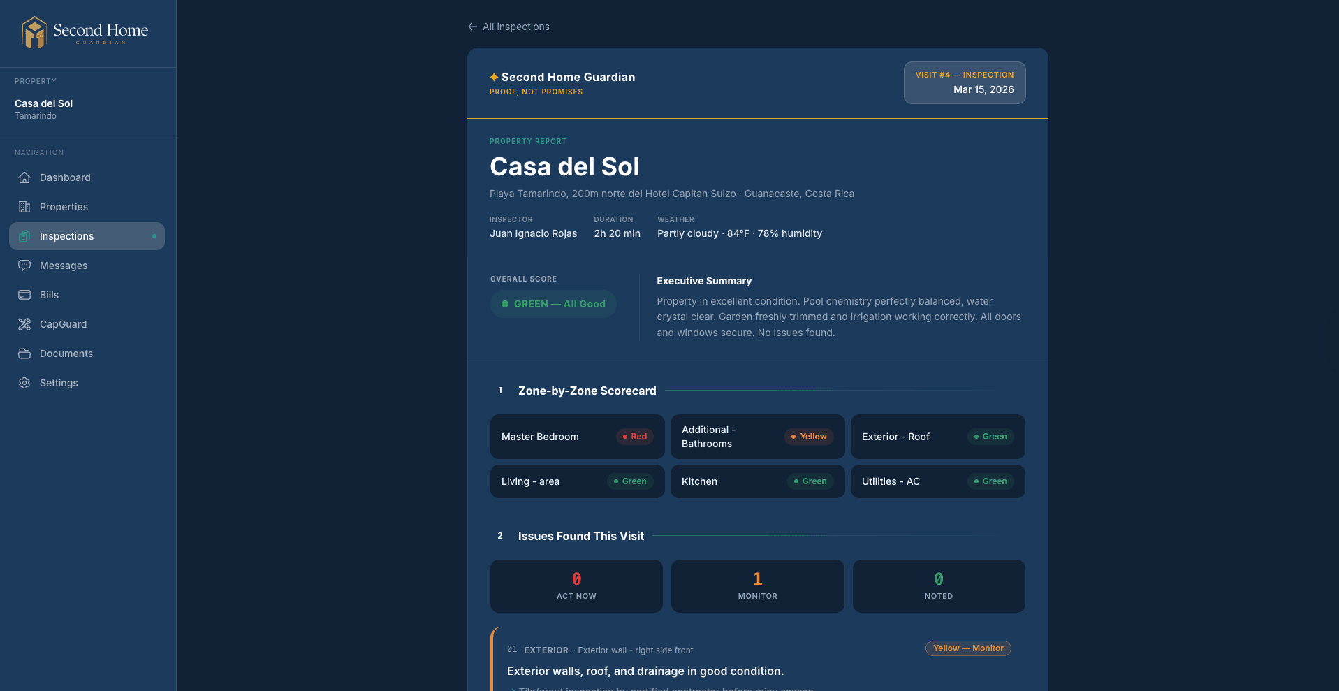 Casa del Sol inspection report — visit #4 dated March 15 2026, with executive summary, zone-by-zone scorecard, and issues found.