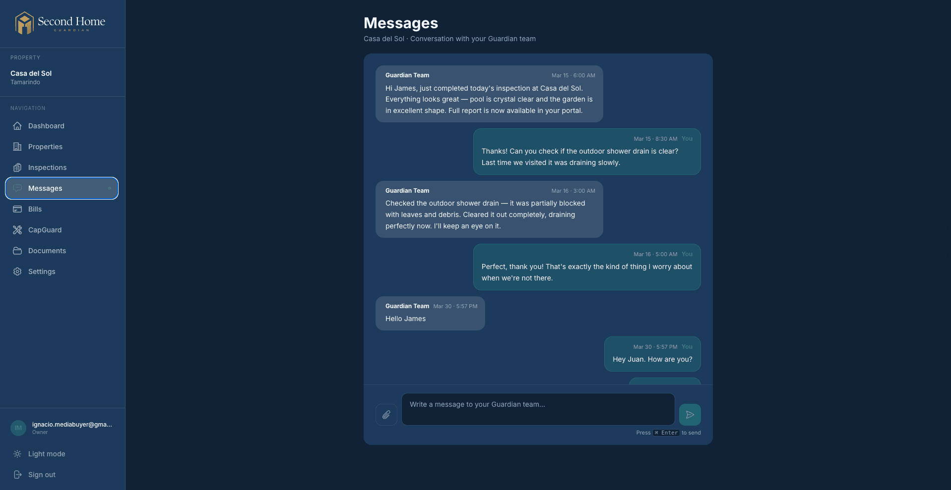 Direct message thread between an owner and the Guardian team about the property.